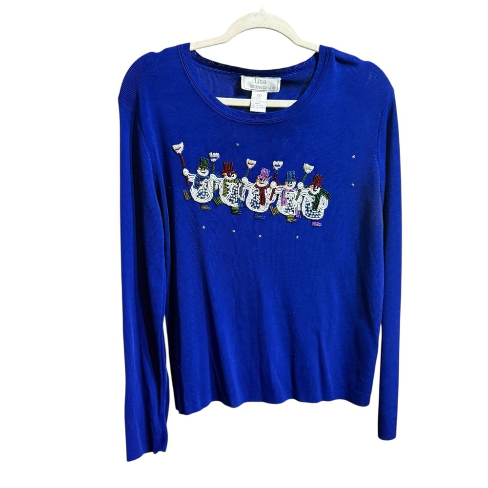 Lisa International Festive Snowmen Beaded Christmas Sweater Royal Blue Sz‎ M